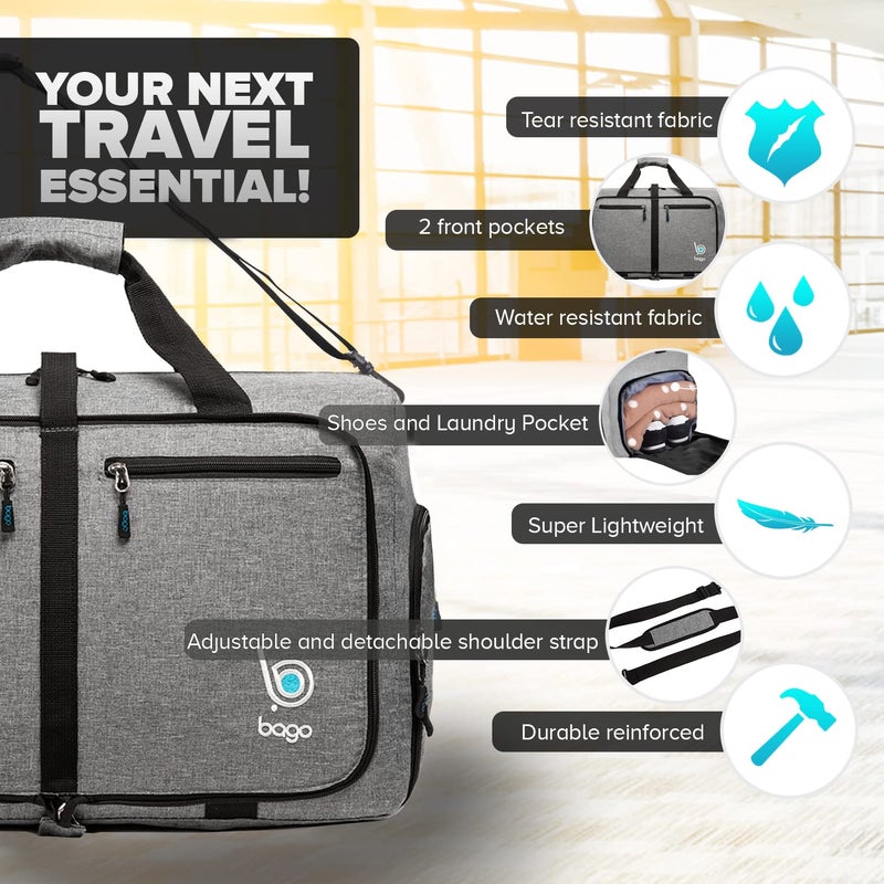 Bago Large Foldable Duffel Bags for Traveling Women & Men - 80L Packable Duffle Bag for Travel with Shoe Compartment - Water Repellant, Heavy Duty, Lightweight Folding & Collapsible (SnowGray) - Image 3
